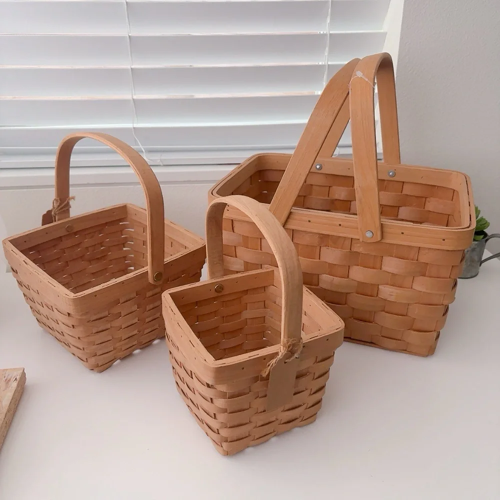 3pcs square woodchip picnic hand woven basket with double folding handle ,